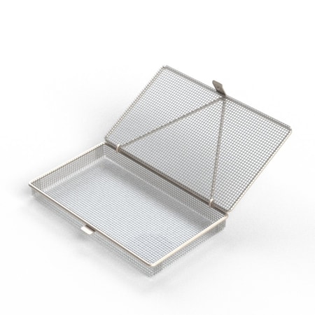 Anysizebasket Light Duty Basket: 10Lx6Wx1H, 304 SS, Hinged Lid with Thumb Clasp, No Handles, Mesh: 4 x .032 FLB-100060010-L04S